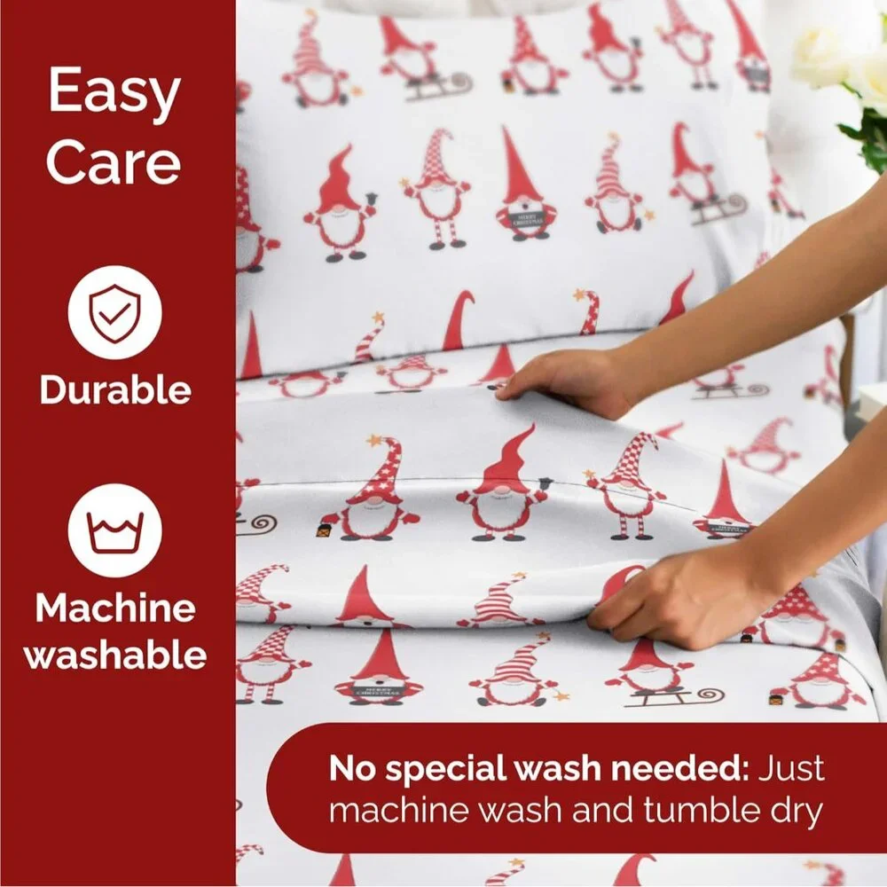 Twin Holiday Gnomes Red Sheet Set - Ultra Soft Christmas Bedding - Wrinkle Free